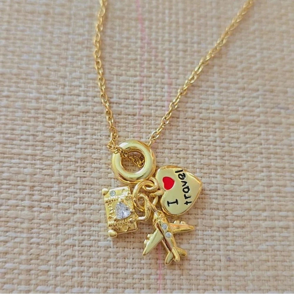 Gold Charm Necklace with Heart and Crystal Accents